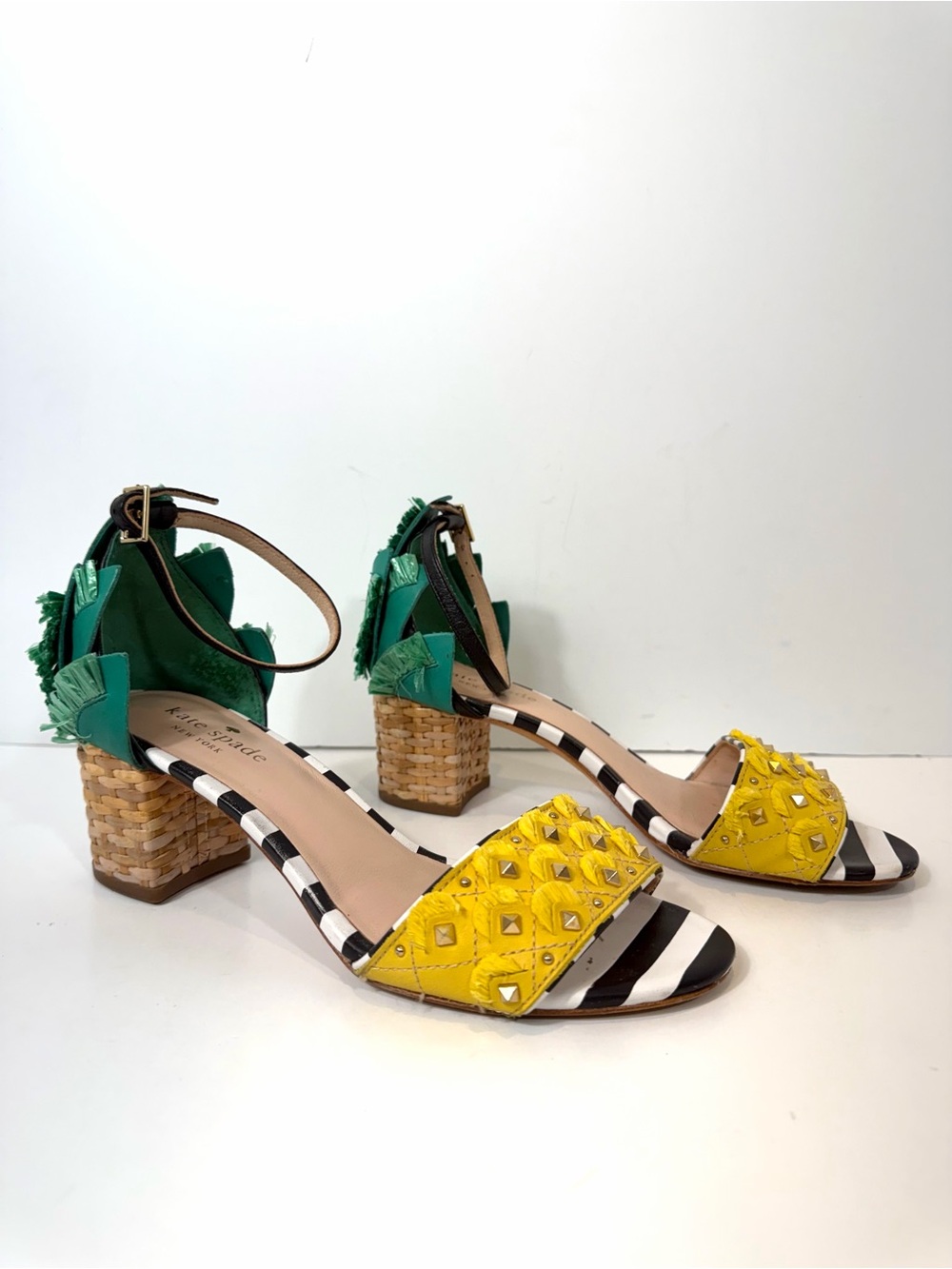 Kate Spade Pineapple Raffia Block Heel Sandals Size 6.5 Tropical